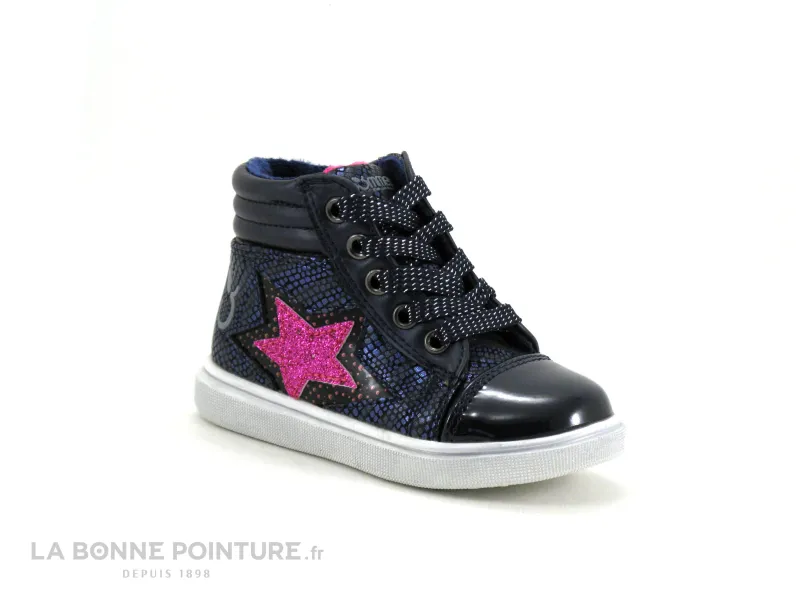 Achat chaussures 3 Pommes Bébé Bottillon, vente 3 Pommes ADENT - Basket montante fille bleu marine - Etoile rose