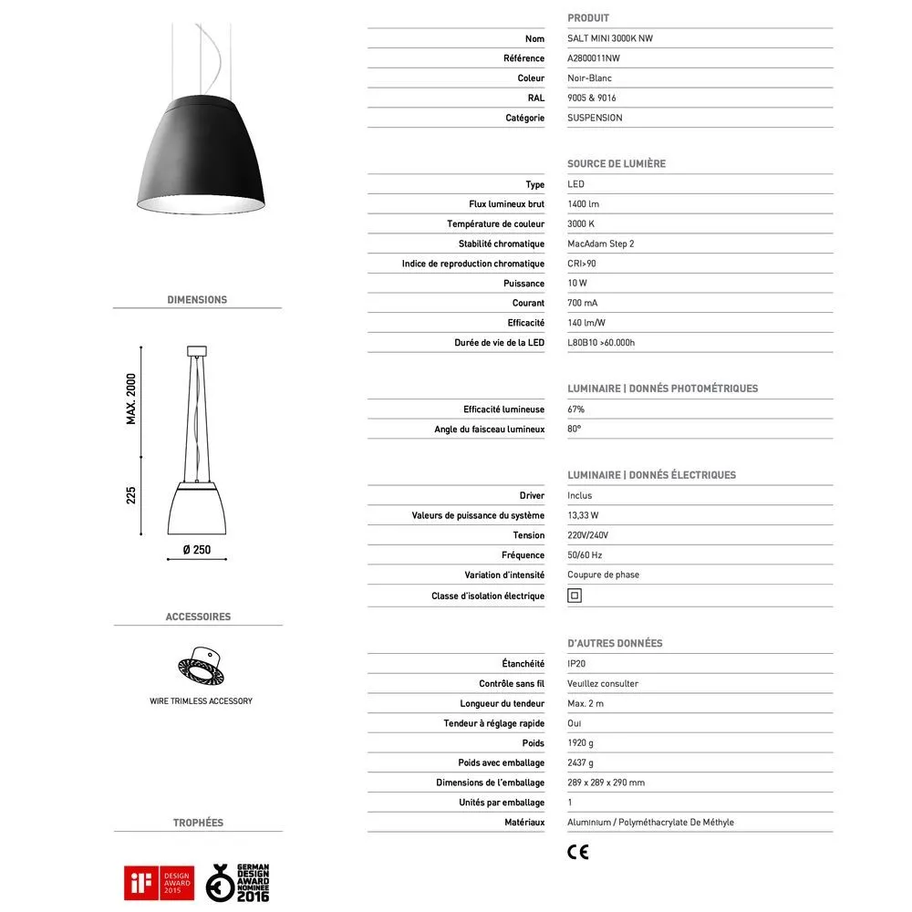ARKOSLIGHT Suspension noire et blanche SALT MINI