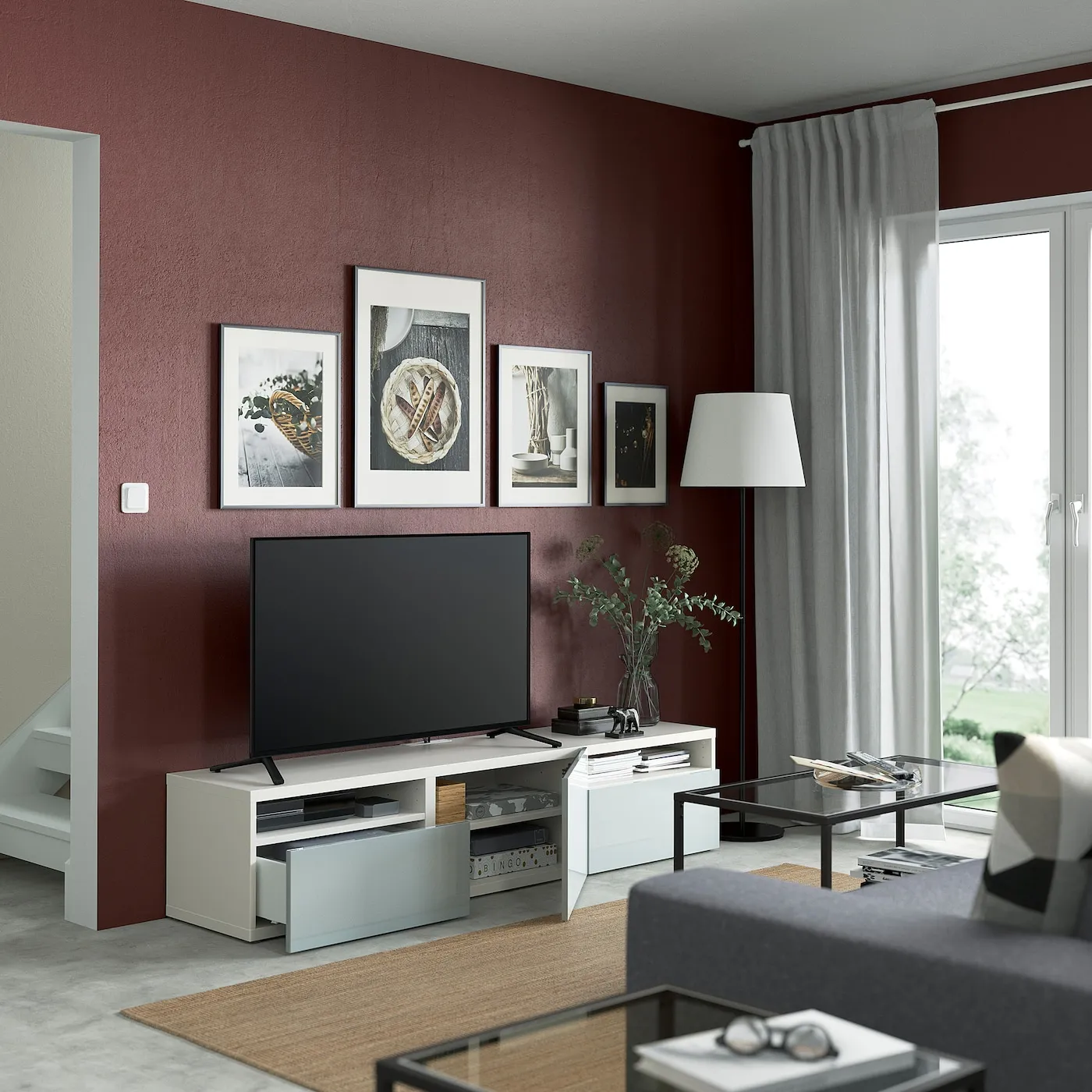 BESTÅ banc TV avec tiroirs et porte, blanc/Selsviken bleu gris clair, 180x42x39 cm