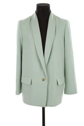 Blazer Pablo vert en polyester, taille 38, longueur 73cm, épaules 40cm, aisselles 41cm, pour femme, en très bon état.