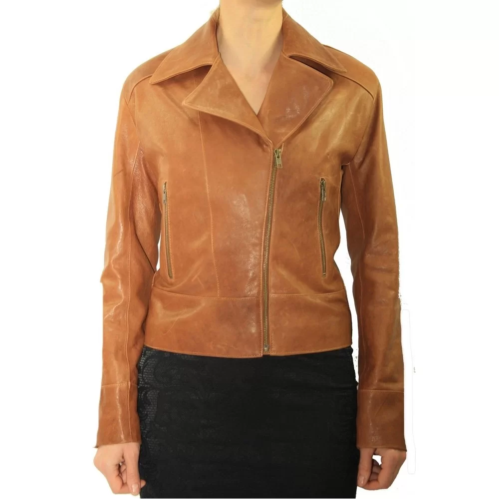 Blouson cuir agneau aspect vieilli marron gold modèle Kelly