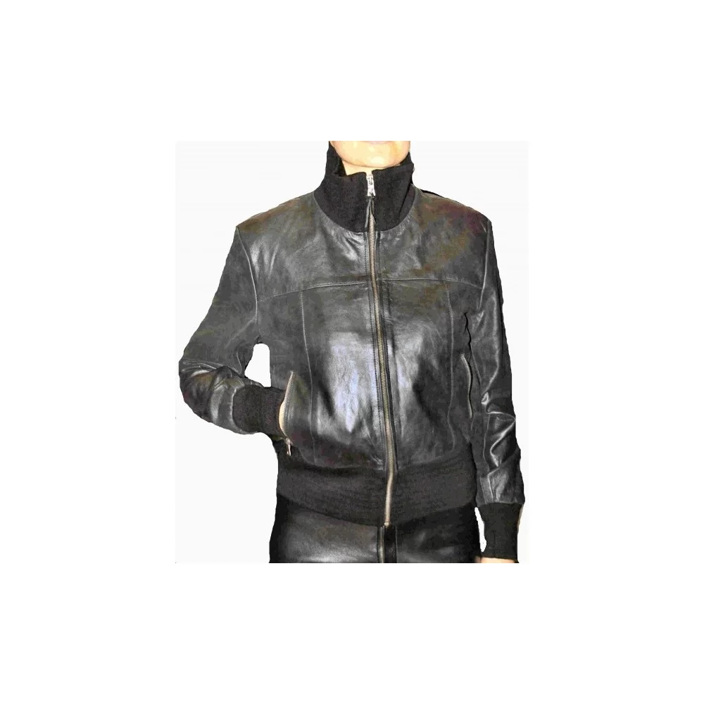 Blouson cuir femme avec bords côte agneau noir modèle Tess