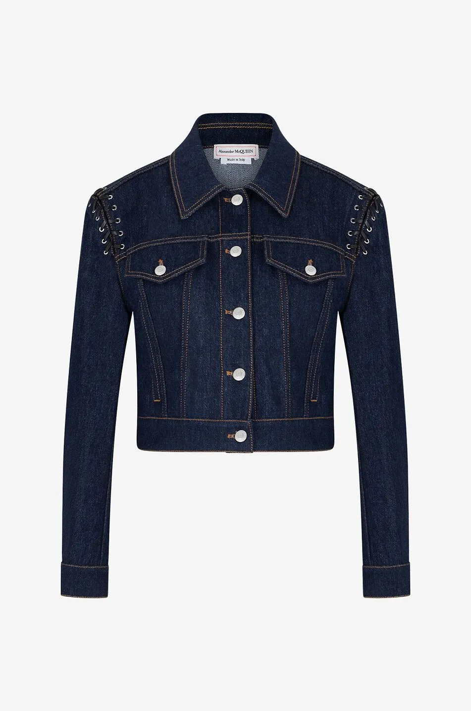 Blouson raccourci en denim à laçage en cuir