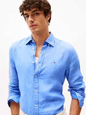 Chemise standard teinte par pigments en lin | Bleu | Tommy Hilfiger