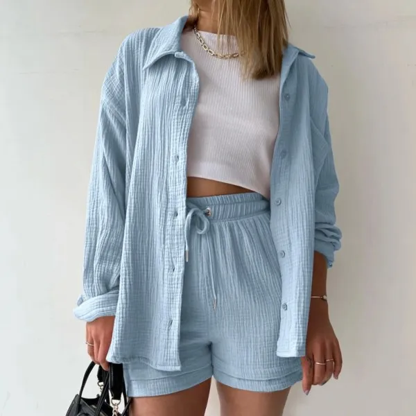 Ensemble 2 pièces élégant pour femme, chemise à manches longues et short assorti