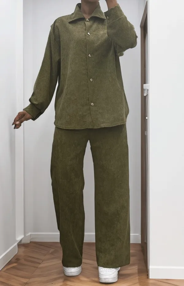 Ensemble chemise et pantalon effet côtelé kaki