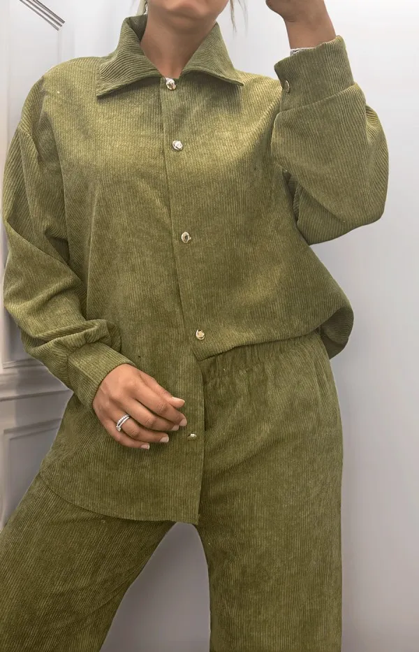 Ensemble chemise et pantalon effet côtelé kaki