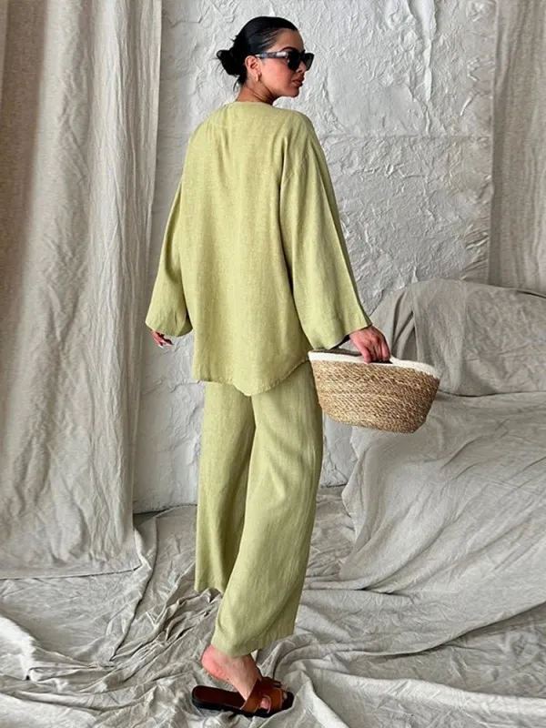 Ensemble Deux Pièces en Coton pour Femme, Chemise Décontractée à Lacets et Pantalon Jambes Larges