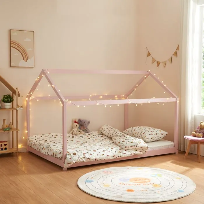Lit cabane pour enfant Cerro bois de pin contreplaqué 120 x 200 cm rose