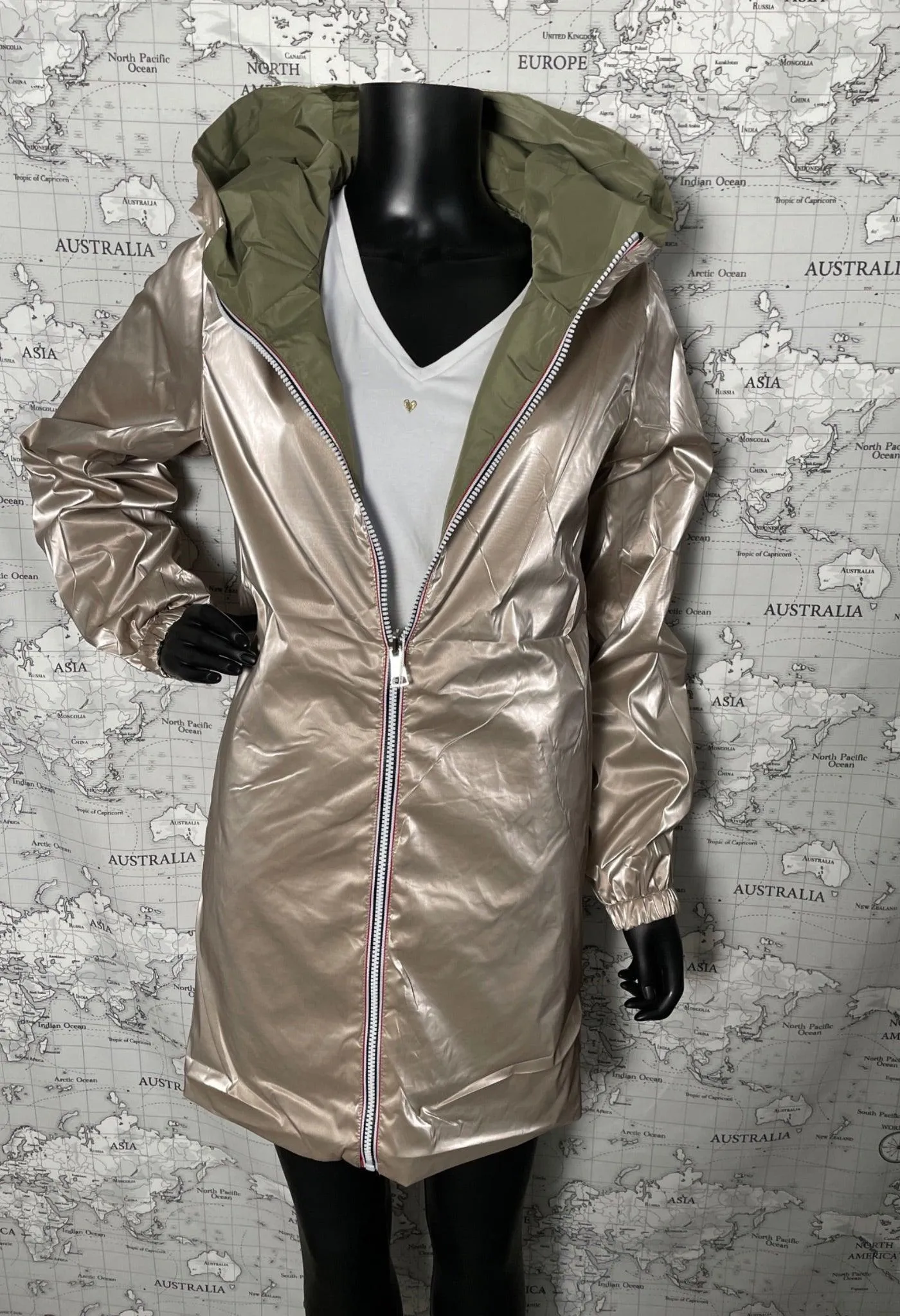 Manteau long réversible imperméable Melya Melody kaki doré