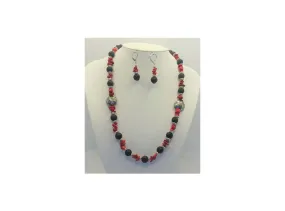 Parure en pierre de lave et corail rouge argenté