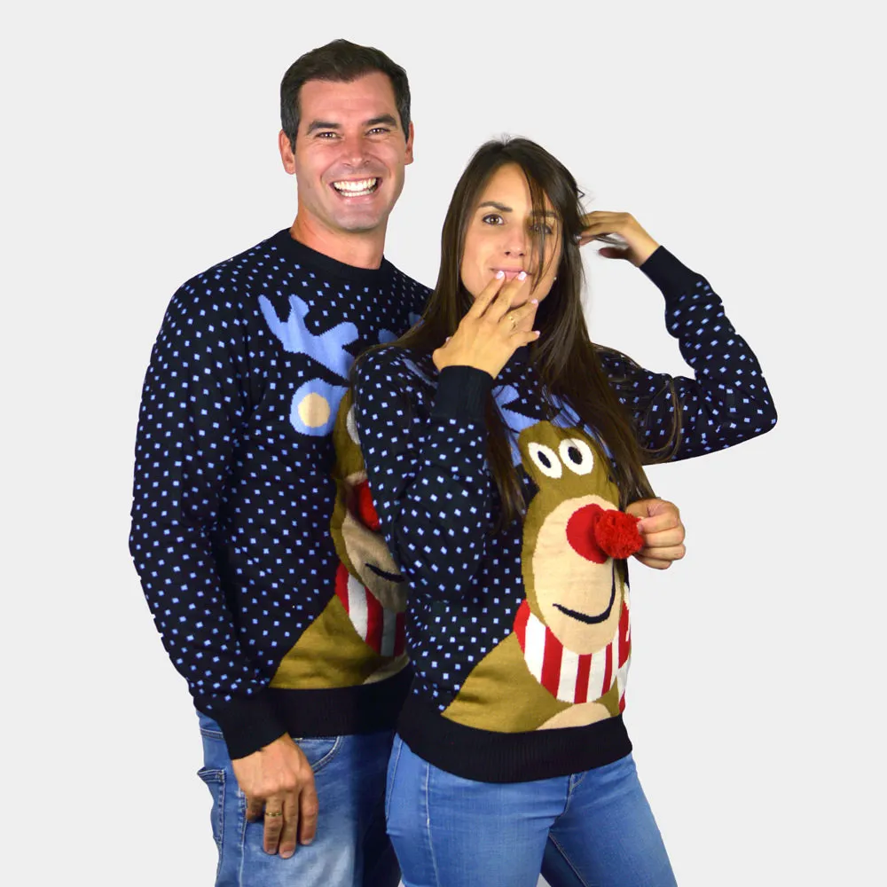 Pull de Nol pour Famille Bleu Renne au Nez Rouge 3D