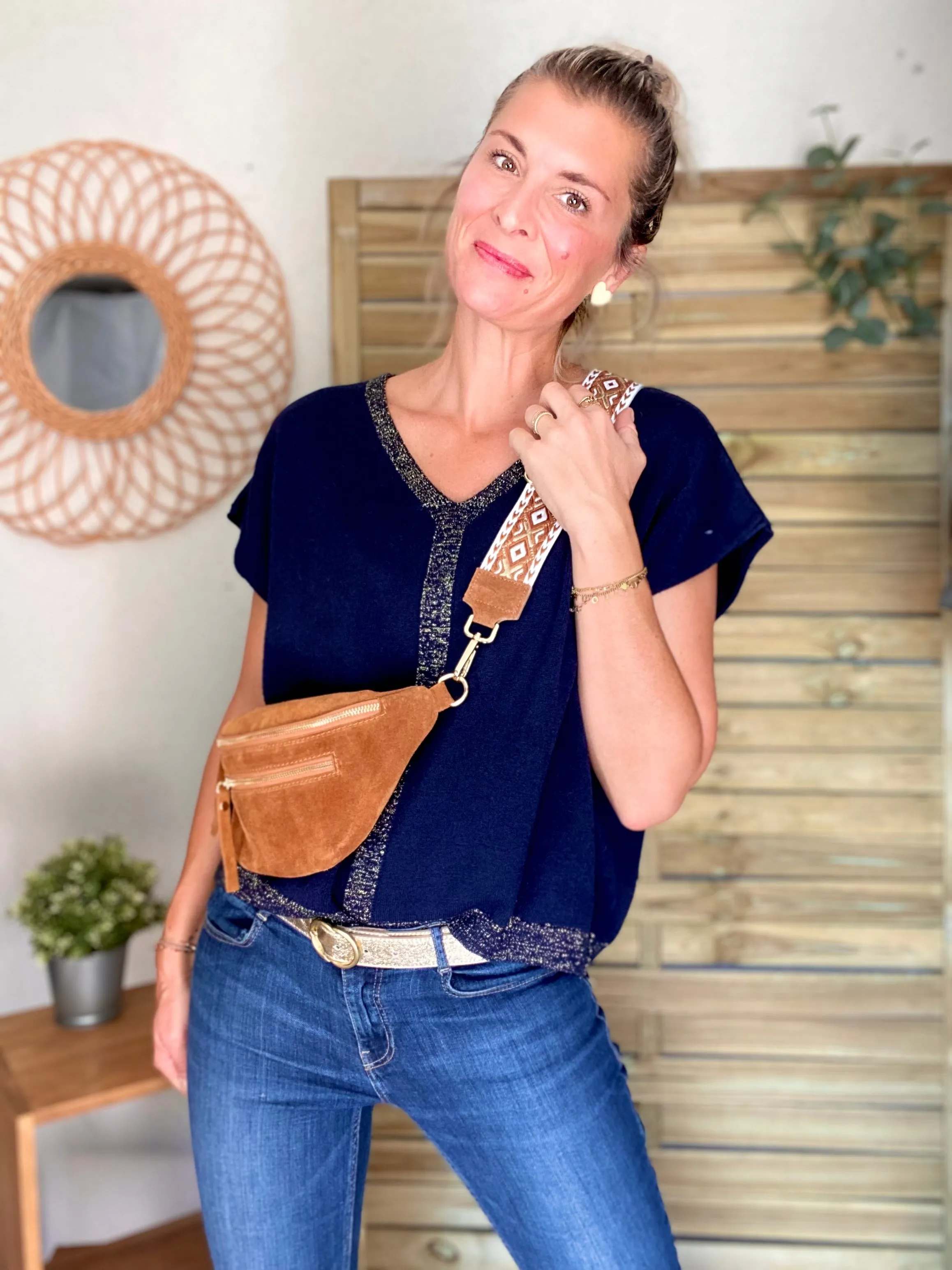 Pull fin avec lurex doré, col V - GISLE - Bleu marine