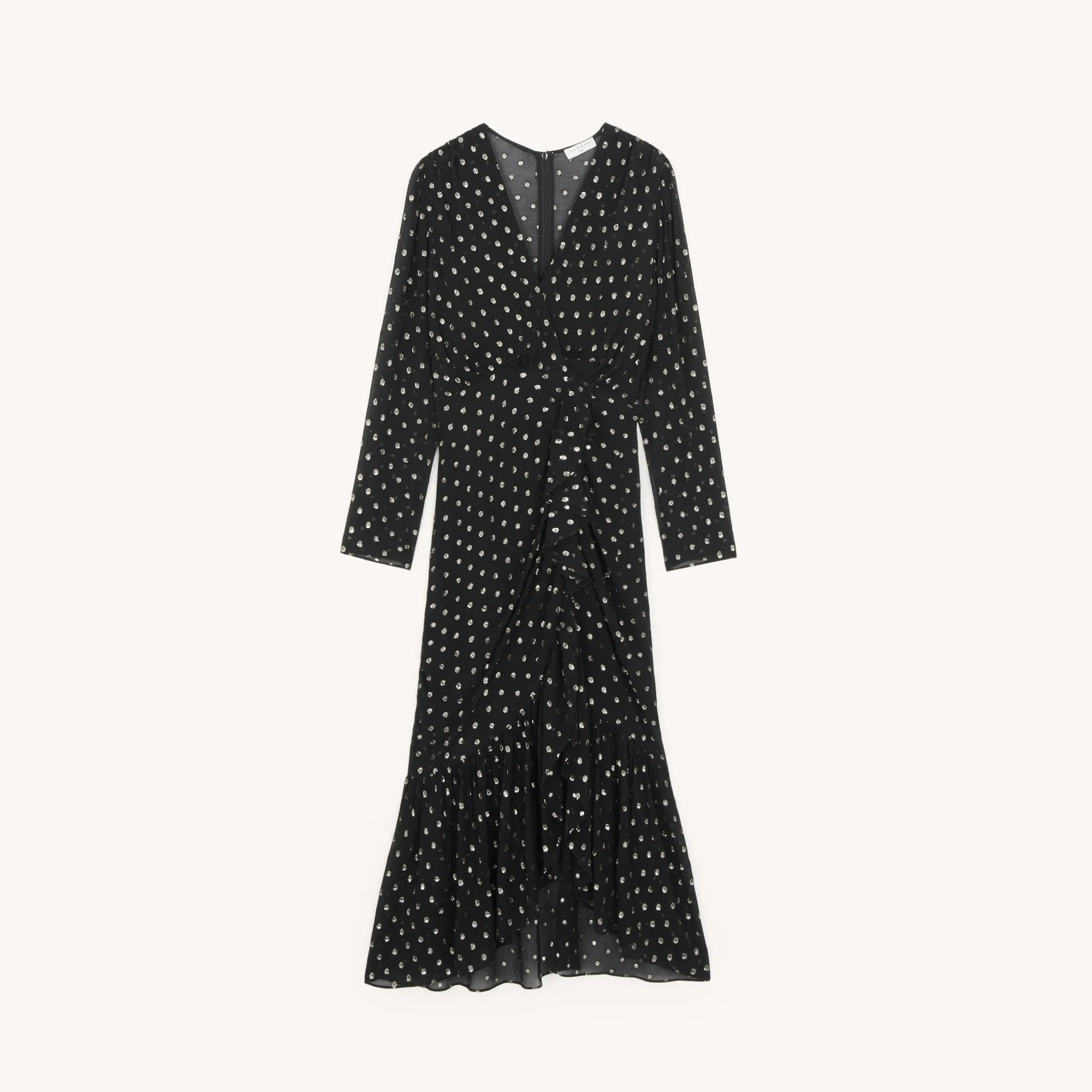 Robe longue à volants et pois lurex