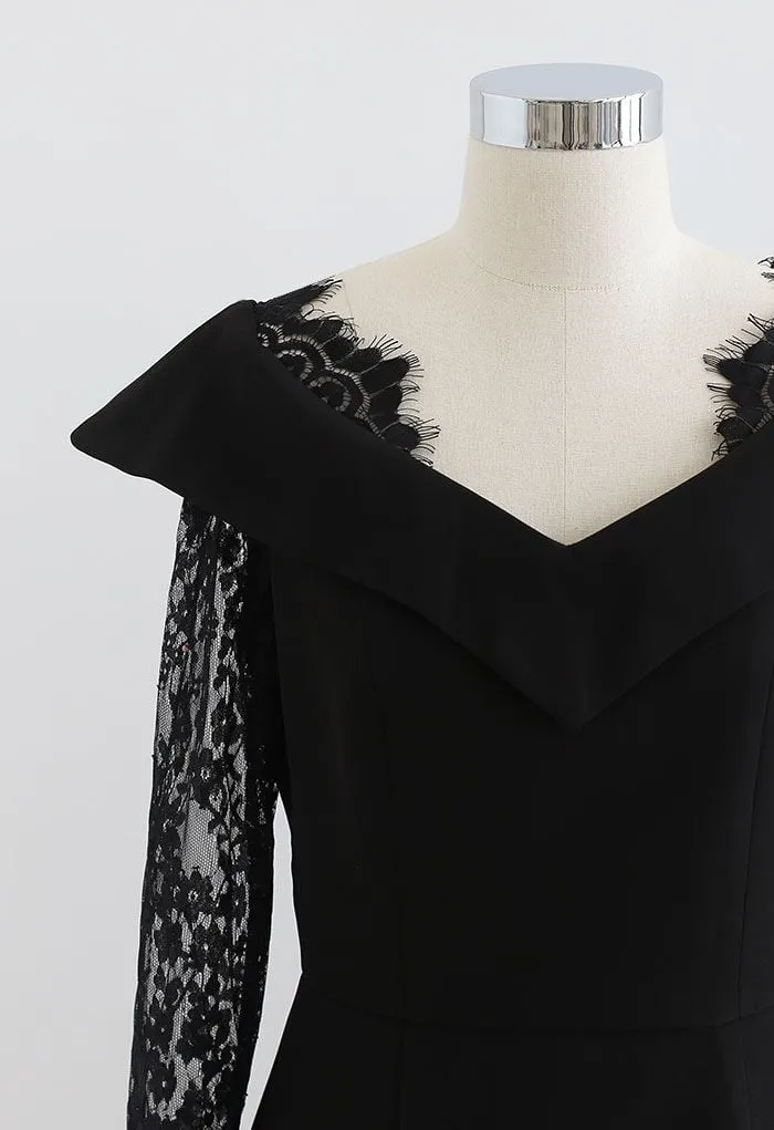Robe mi-longue moulante à manches en dentelle noire