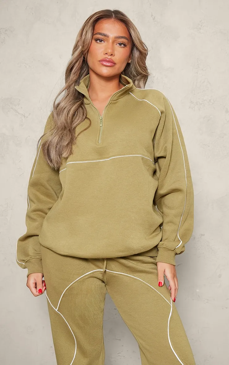 Sweat vert olive oversize à coutures contrastées et quart de zip