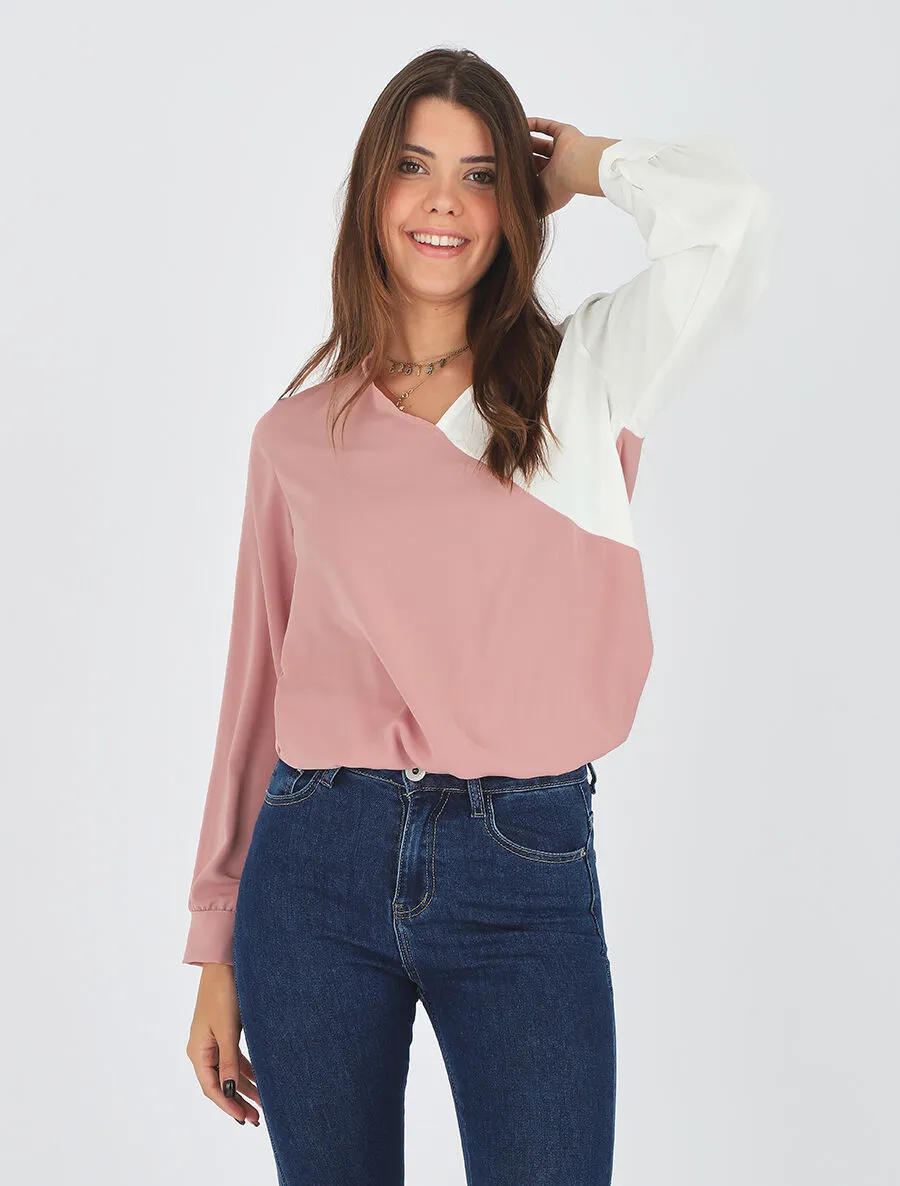 Top fluide bicolore à manches longues - Rose